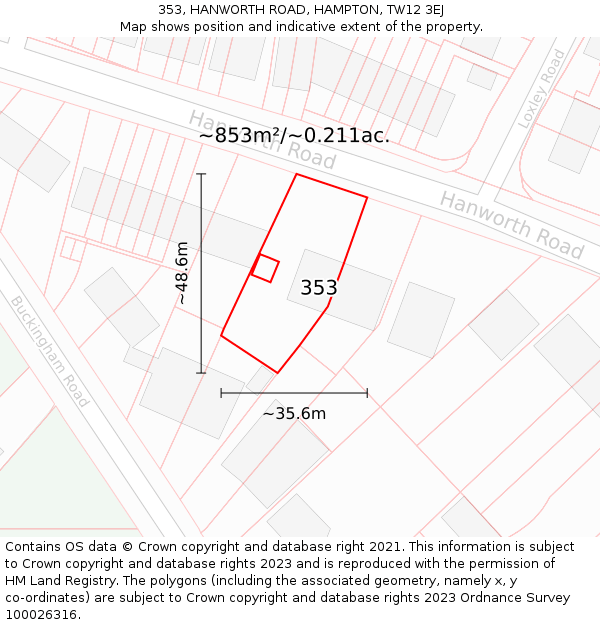 353, HANWORTH ROAD, HAMPTON, TW12 3EJ: Plot and title map