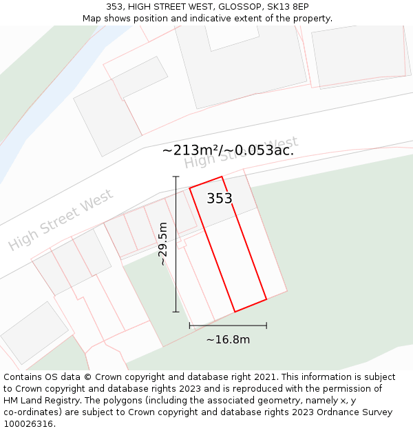 353, HIGH STREET WEST, GLOSSOP, SK13 8EP: Plot and title map