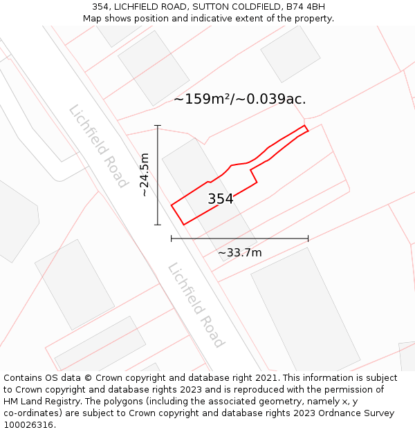 354, LICHFIELD ROAD, SUTTON COLDFIELD, B74 4BH: Plot and title map