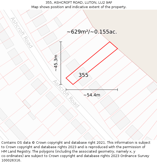 355, ASHCROFT ROAD, LUTON, LU2 9AF: Plot and title map