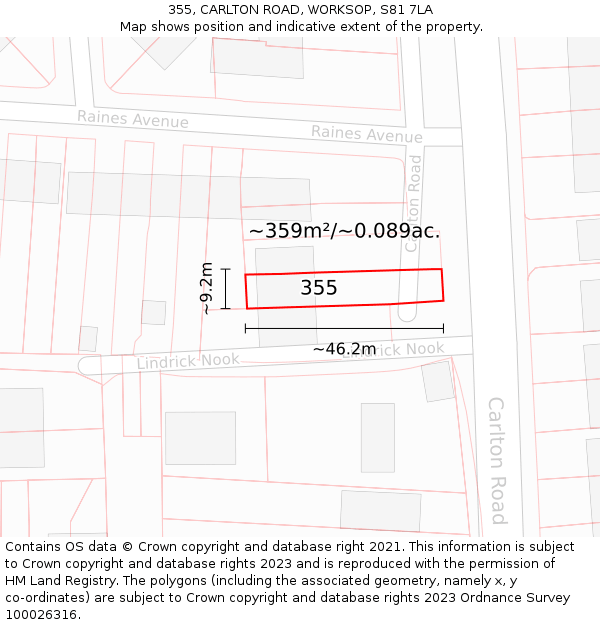 355, CARLTON ROAD, WORKSOP, S81 7LA: Plot and title map