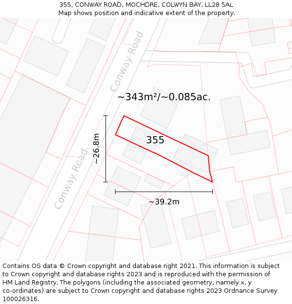 355, CONWAY ROAD, MOCHDRE, COLWYN BAY, LL28 5AL: Plot and title map