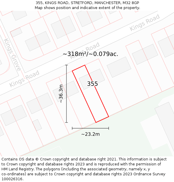 355, KINGS ROAD, STRETFORD, MANCHESTER, M32 8GP: Plot and title map