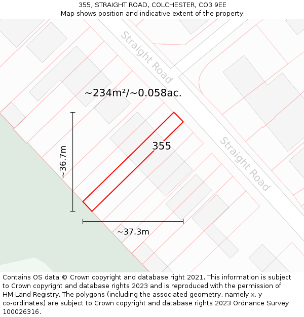 355, STRAIGHT ROAD, COLCHESTER, CO3 9EE: Plot and title map