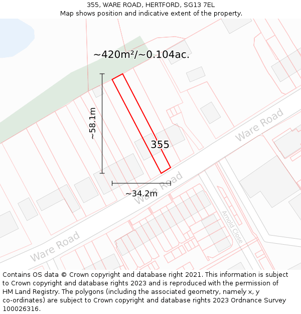 355, WARE ROAD, HERTFORD, SG13 7EL: Plot and title map