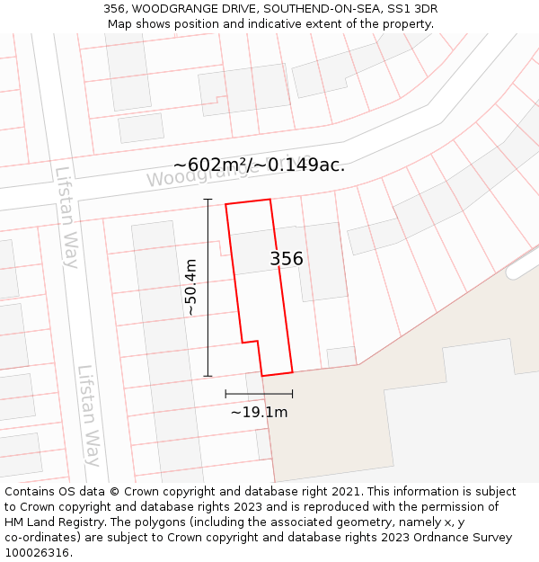 356, WOODGRANGE DRIVE, SOUTHEND-ON-SEA, SS1 3DR: Plot and title map