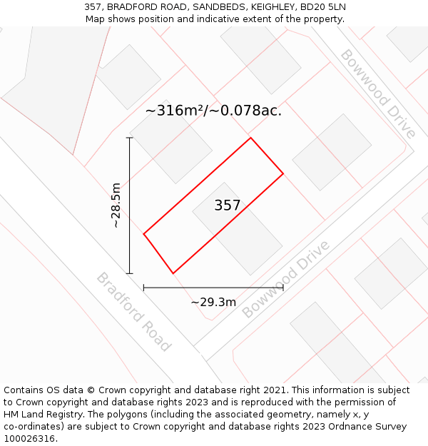 357, BRADFORD ROAD, SANDBEDS, KEIGHLEY, BD20 5LN: Plot and title map