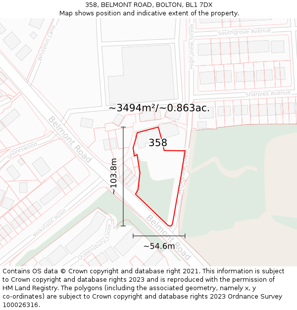 358, BELMONT ROAD, BOLTON, BL1 7DX: Plot and title map