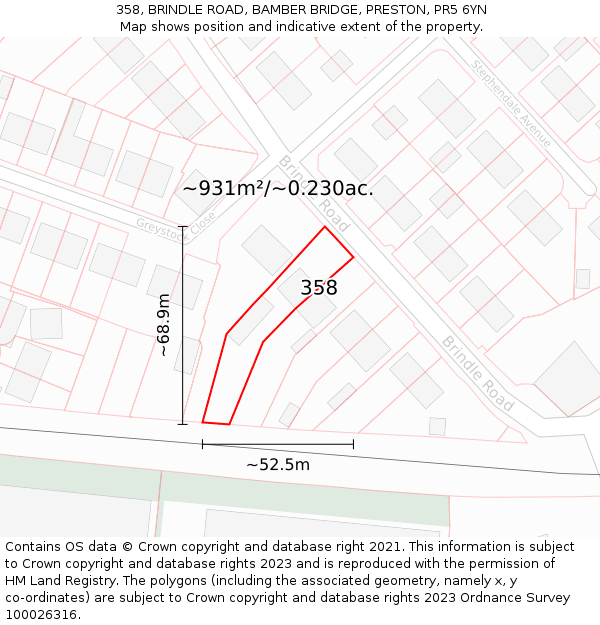 358, BRINDLE ROAD, BAMBER BRIDGE, PRESTON, PR5 6YN: Plot and title map