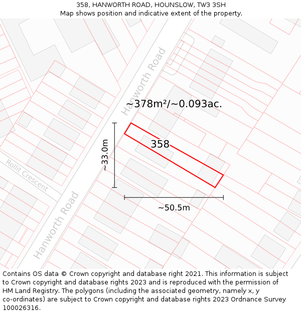 358, HANWORTH ROAD, HOUNSLOW, TW3 3SH: Plot and title map