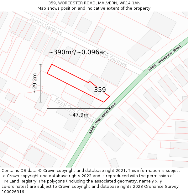 359, WORCESTER ROAD, MALVERN, WR14 1AN: Plot and title map