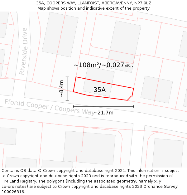 35A, COOPERS WAY, LLANFOIST, ABERGAVENNY, NP7 9LZ: Plot and title map