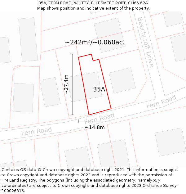 35A, FERN ROAD, WHITBY, ELLESMERE PORT, CH65 6PA: Plot and title map