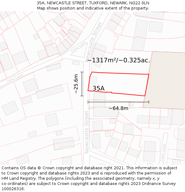 35A, NEWCASTLE STREET, TUXFORD, NEWARK, NG22 0LN: Plot and title map