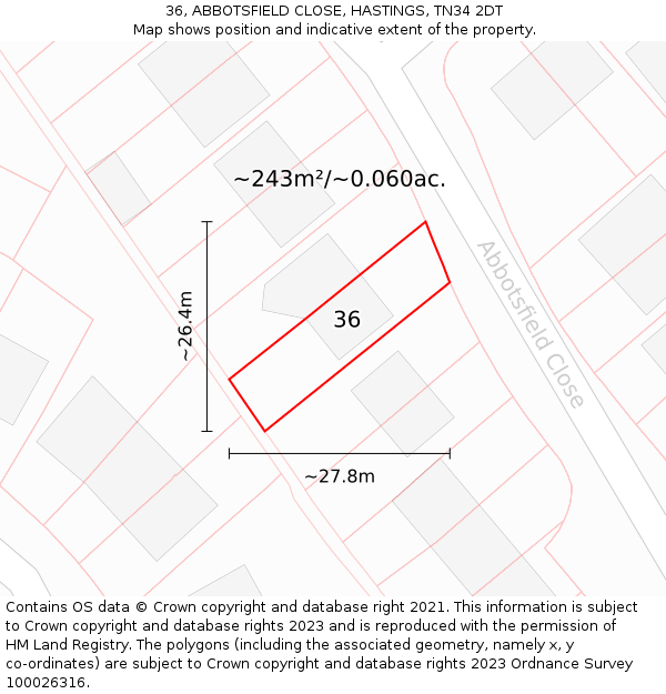 36, ABBOTSFIELD CLOSE, HASTINGS, TN34 2DT: Plot and title map