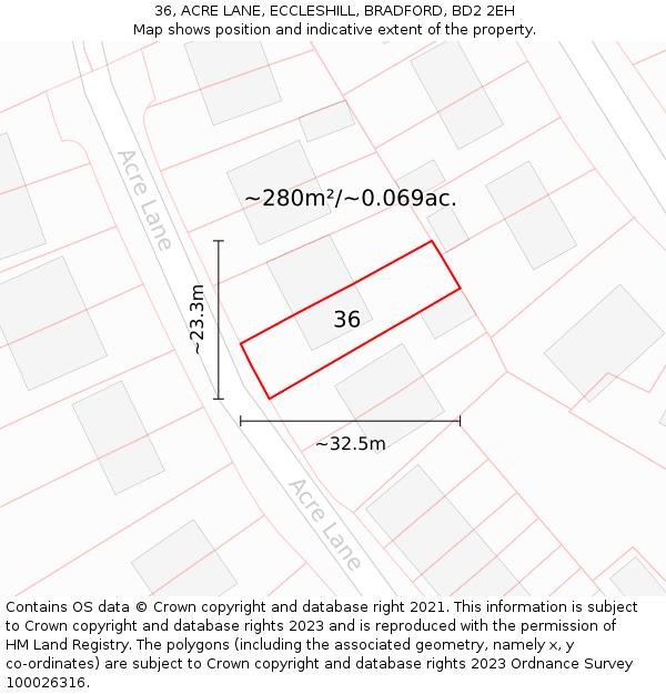 36, ACRE LANE, ECCLESHILL, BRADFORD, BD2 2EH: Plot and title map