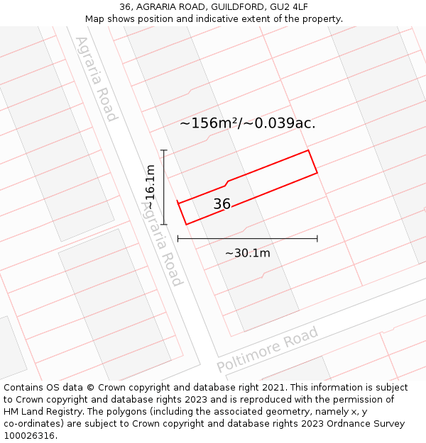 36, AGRARIA ROAD, GUILDFORD, GU2 4LF: Plot and title map