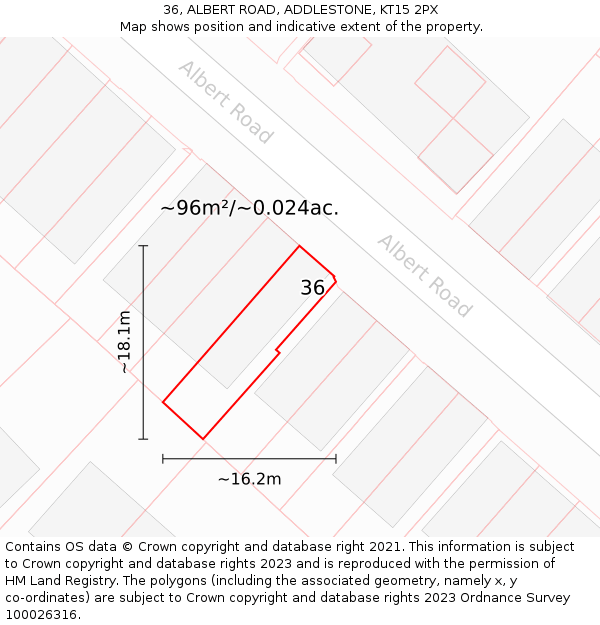 36, ALBERT ROAD, ADDLESTONE, KT15 2PX: Plot and title map