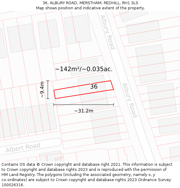 36, ALBURY ROAD, MERSTHAM, REDHILL, RH1 3LS: Plot and title map