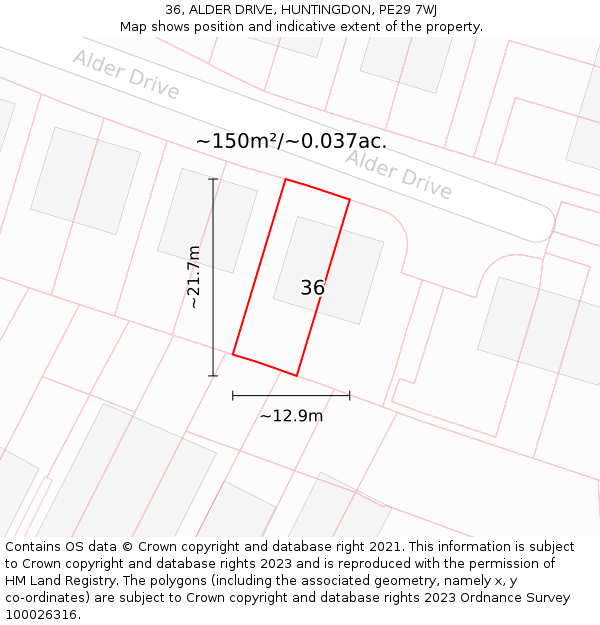 36, ALDER DRIVE, HUNTINGDON, PE29 7WJ: Plot and title map