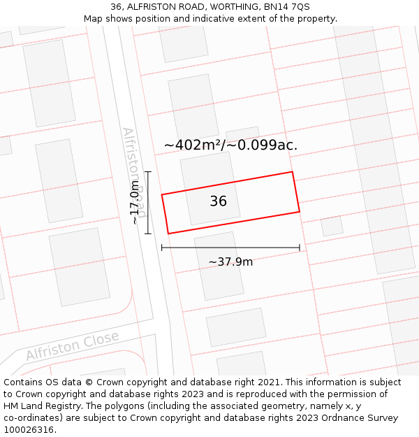 36, ALFRISTON ROAD, WORTHING, BN14 7QS: Plot and title map