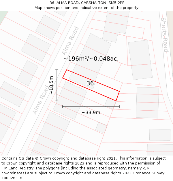 36, ALMA ROAD, CARSHALTON, SM5 2PF: Plot and title map