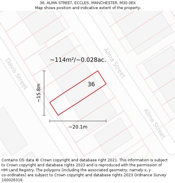 36, ALMA STREET, ECCLES, MANCHESTER, M30 0EX: Plot and title map