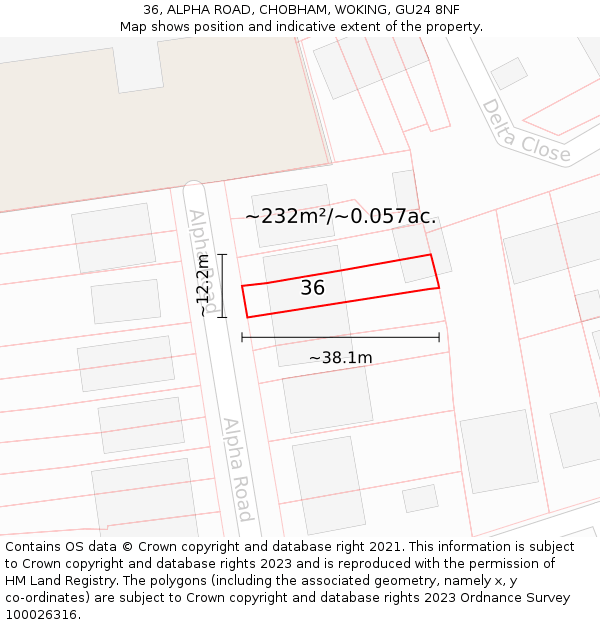 36, ALPHA ROAD, CHOBHAM, WOKING, GU24 8NF: Plot and title map