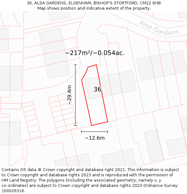 36, ALSA GARDENS, ELSENHAM, BISHOP'S STORTFORD, CM22 6HB: Plot and title map