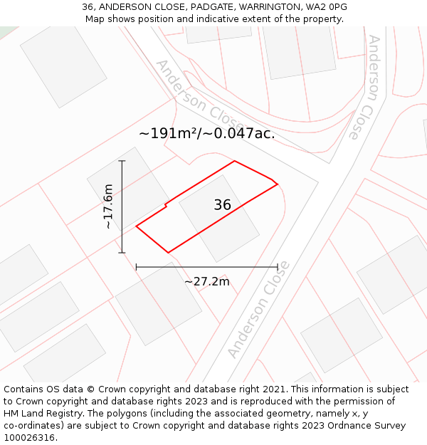 36, ANDERSON CLOSE, PADGATE, WARRINGTON, WA2 0PG: Plot and title map