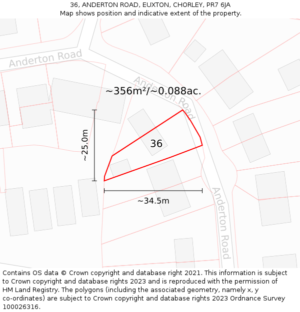 36, ANDERTON ROAD, EUXTON, CHORLEY, PR7 6JA: Plot and title map