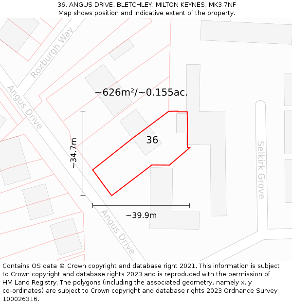 36, ANGUS DRIVE, BLETCHLEY, MILTON KEYNES, MK3 7NF: Plot and title map