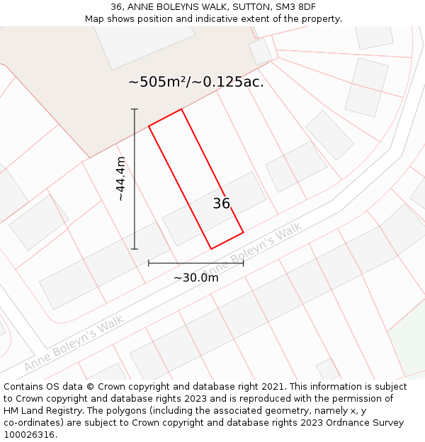 36, ANNE BOLEYNS WALK, SUTTON, SM3 8DF: Plot and title map
