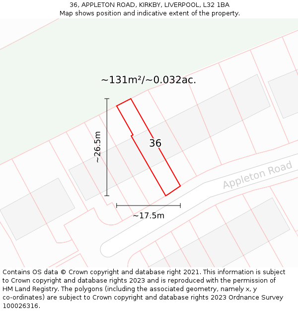 36, APPLETON ROAD, KIRKBY, LIVERPOOL, L32 1BA: Plot and title map