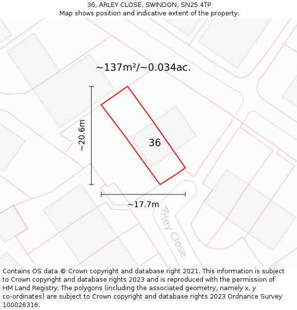 36, ARLEY CLOSE, SWINDON, SN25 4TP: Plot and title map