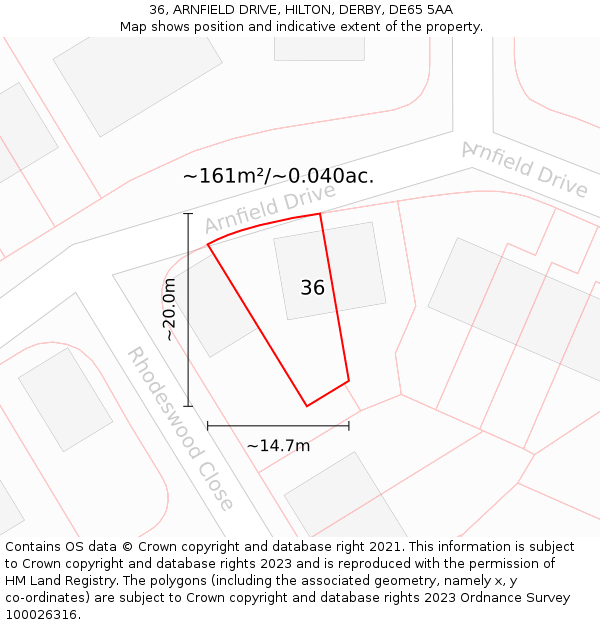 36, ARNFIELD DRIVE, HILTON, DERBY, DE65 5AA: Plot and title map