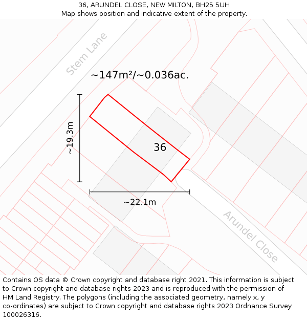 36, ARUNDEL CLOSE, NEW MILTON, BH25 5UH: Plot and title map