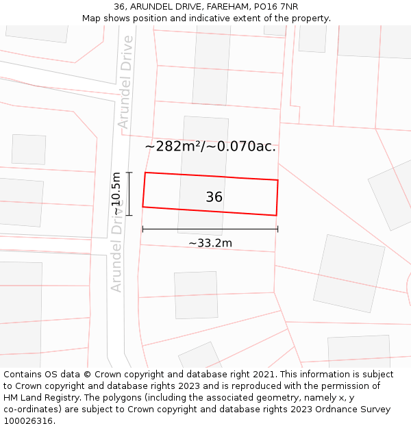 36, ARUNDEL DRIVE, FAREHAM, PO16 7NR: Plot and title map