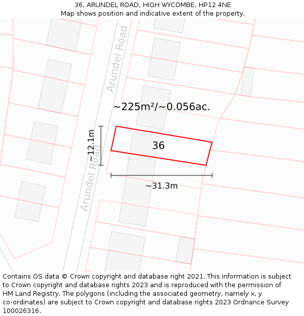 36, ARUNDEL ROAD, HIGH WYCOMBE, HP12 4NE: Plot and title map
