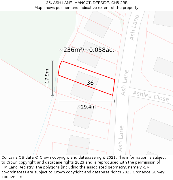36, ASH LANE, MANCOT, DEESIDE, CH5 2BR: Plot and title map