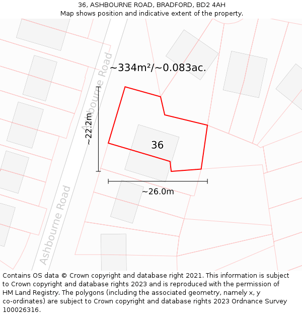 36, ASHBOURNE ROAD, BRADFORD, BD2 4AH: Plot and title map