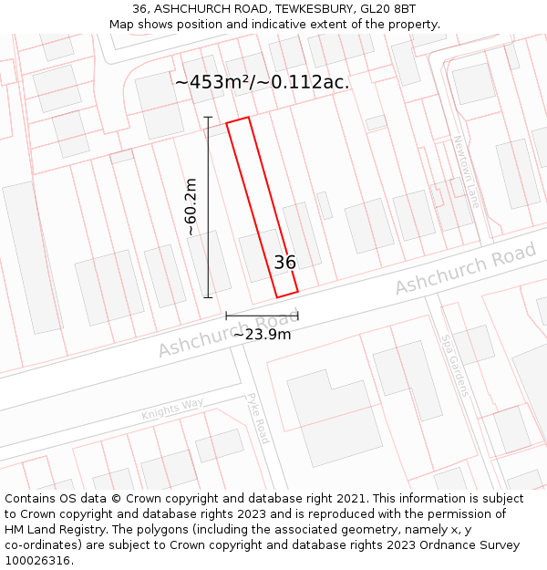 36, ASHCHURCH ROAD, TEWKESBURY, GL20 8BT: Plot and title map