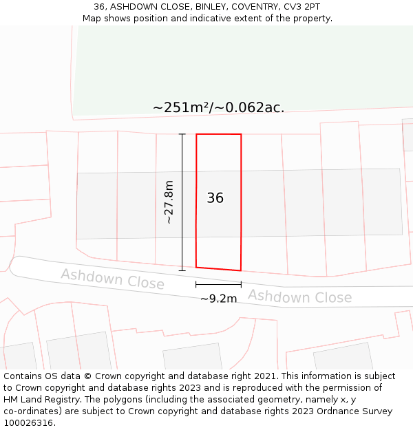 36, ASHDOWN CLOSE, BINLEY, COVENTRY, CV3 2PT: Plot and title map