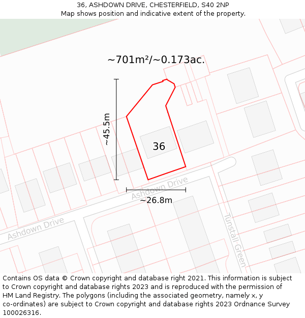 36, ASHDOWN DRIVE, CHESTERFIELD, S40 2NP: Plot and title map