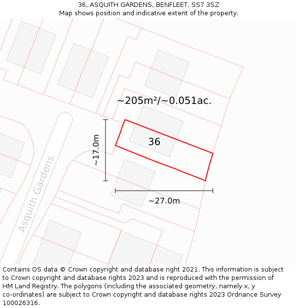 36, ASQUITH GARDENS, BENFLEET, SS7 3SZ: Plot and title map