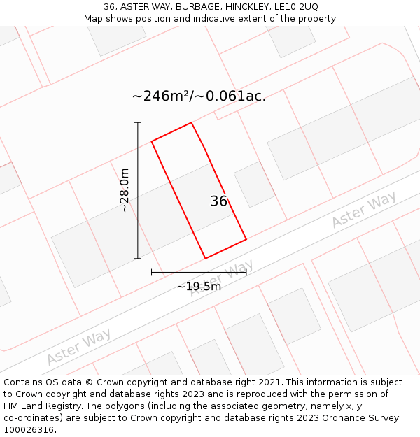 36, ASTER WAY, BURBAGE, HINCKLEY, LE10 2UQ: Plot and title map