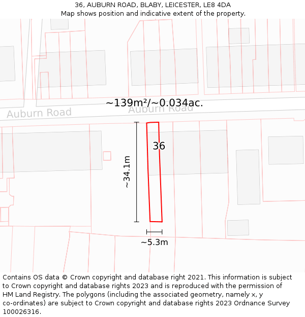 36, AUBURN ROAD, BLABY, LEICESTER, LE8 4DA: Plot and title map