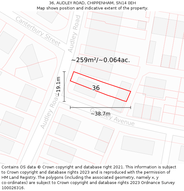 36, AUDLEY ROAD, CHIPPENHAM, SN14 0EH: Plot and title map