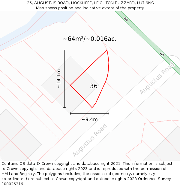 36, AUGUSTUS ROAD, HOCKLIFFE, LEIGHTON BUZZARD, LU7 9NS: Plot and title map