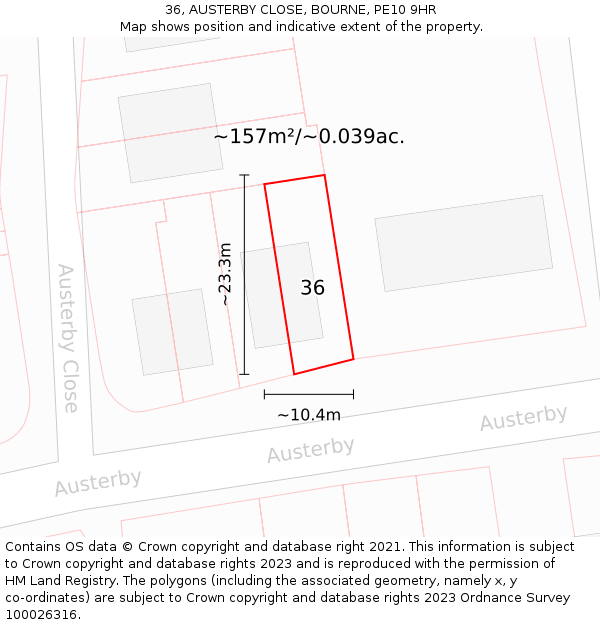 36, AUSTERBY CLOSE, BOURNE, PE10 9HR: Plot and title map